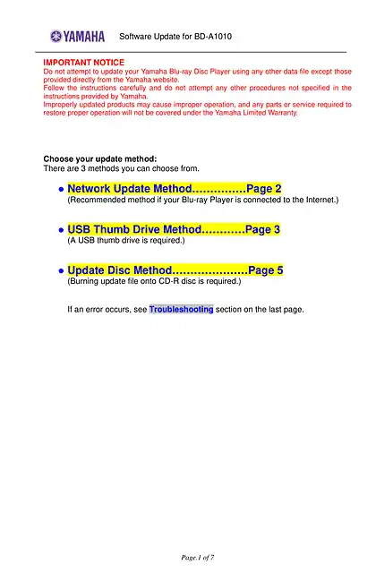 yamaha雅马哈BD-A1010 Software Update Version 1.7712 Installation Manual